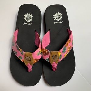 yellow box pineapple flip flops